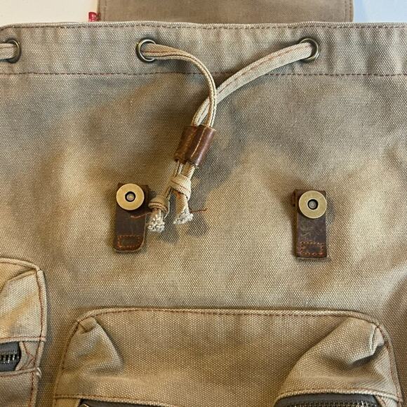 Augur Strauss Backpack Laptop Canvas Drawstring Leather Trim Boho Hiking Unisex - Picture 5 of 13